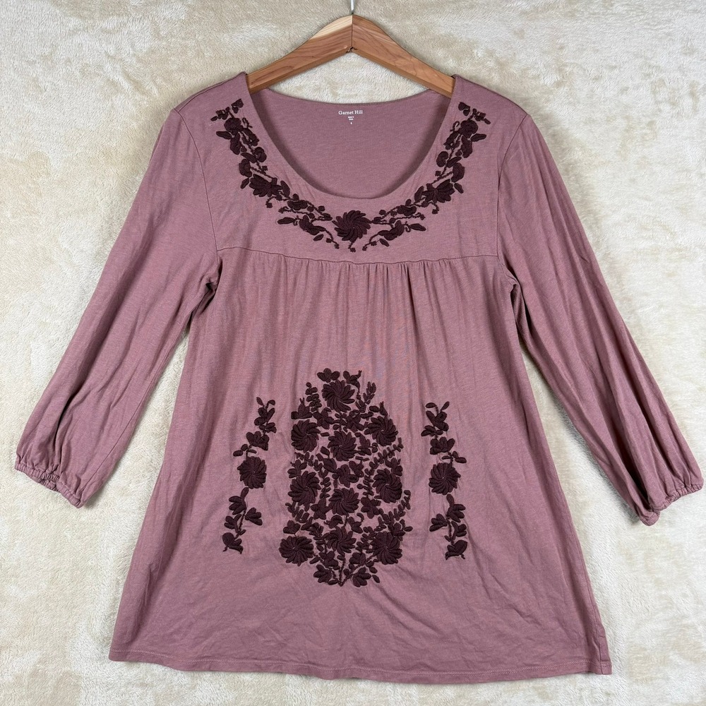 Garnet Hill Womens Small Mauve Floral Embroidered Cotton Modal Peasant Top Tunic